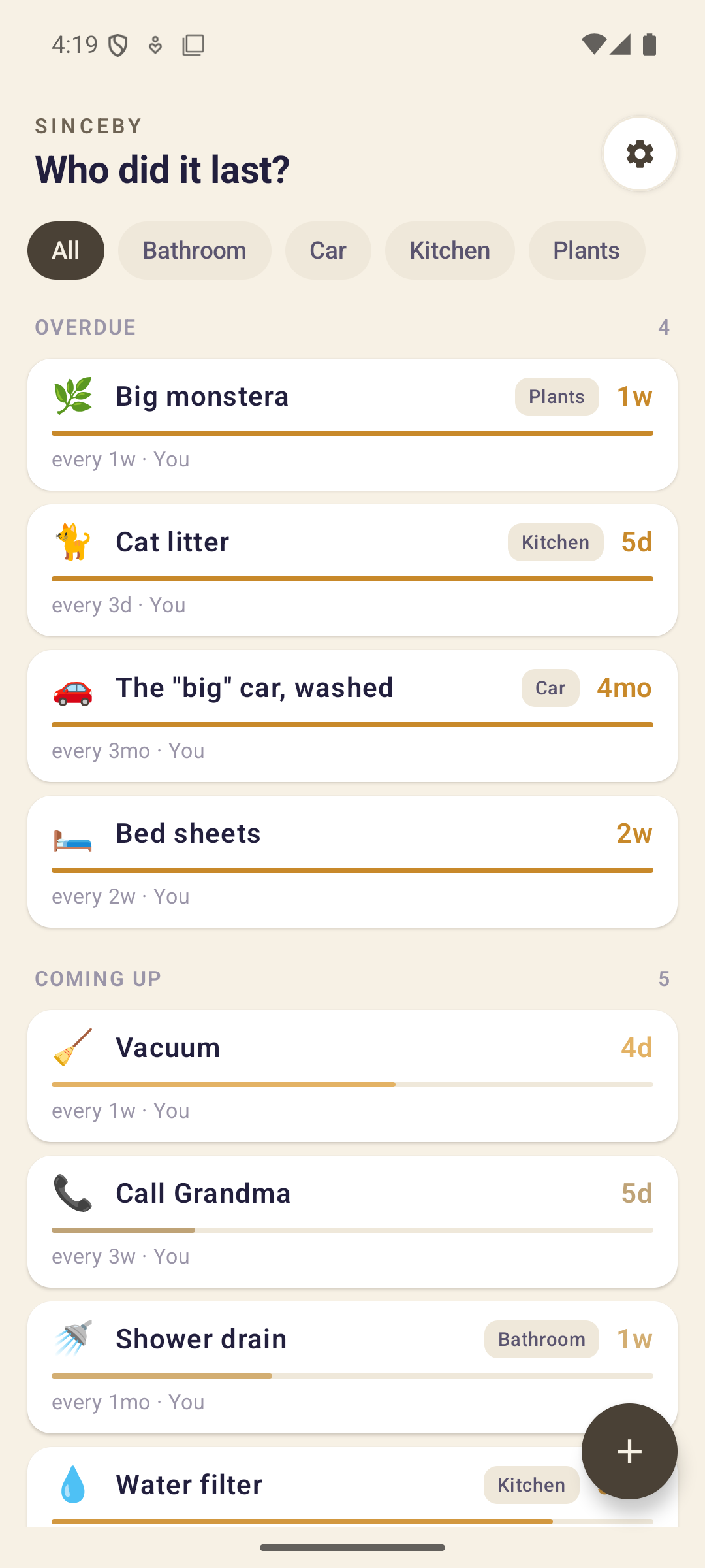 The Sinceby home list on a phone, headed "Who did it last?", with filter chips for All, Bathroom, Car, Kitchen and Plants. An Overdue section lists Big monstera, Cat litter at 5d, the car washed 4mo ago and Bed sheets at 2w, each with a warm gold bar. A Coming up section follows with Vacuum at 4d and Call Grandma at 5d.