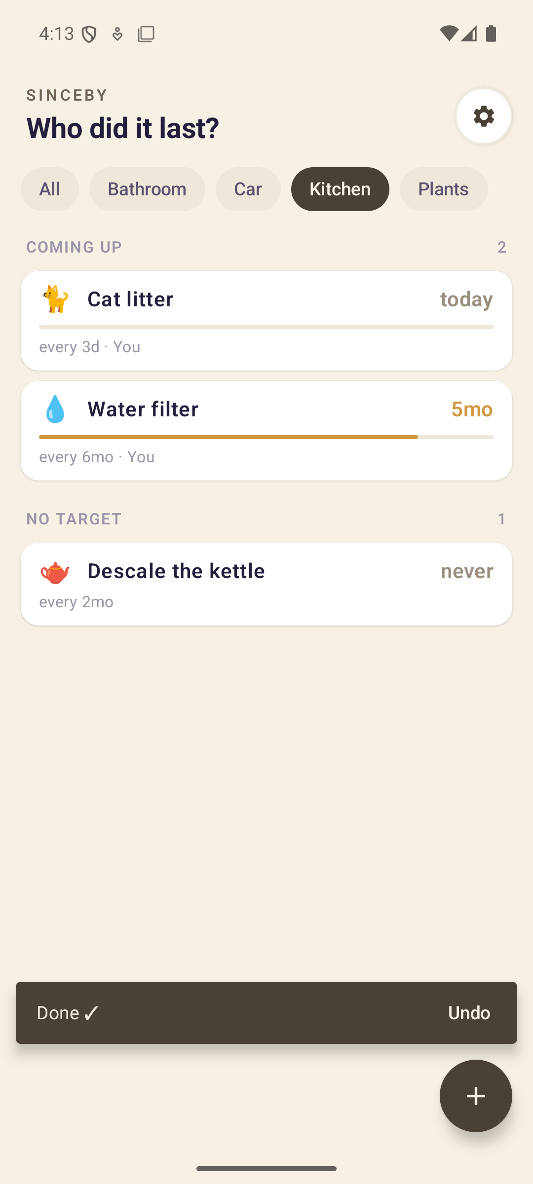The list filtered to the Kitchen group, with a dark bar across the bottom reading "Done ✓" on the left and "Undo" on the right. Cat litter now reads today.